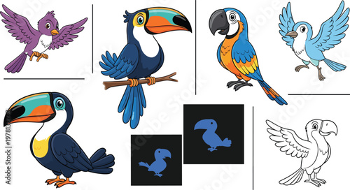 Colorful tropical birds vector set featuring toucan, macaw parrot, flying bird and cartoon wildlife characters isolated illustration