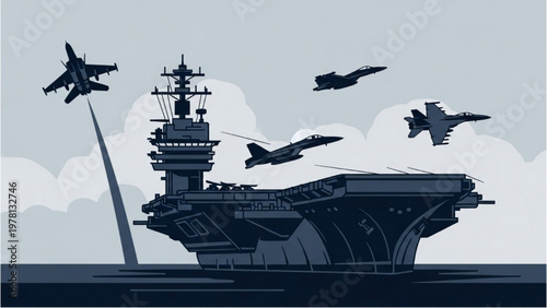 A vector CAD illustration of fighter jets launching from an aircraft carrier at sea.