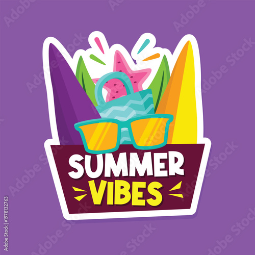 Summer vibes sticker design with sunglasses and beach accessories