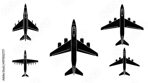 Vector CAD designs of airplanes in various orientations and views