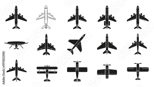Various vector CAD airplane designs in different views and styles on a white background