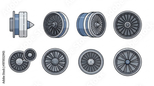 Detailed vector CAD drawings of airplane wheels and brakes in various views