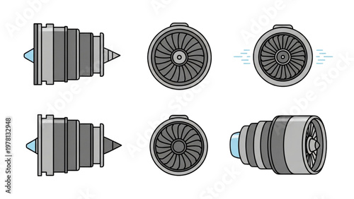 Tableau sur toile Vector CAD designs of a jet engine turbine in various angles and views