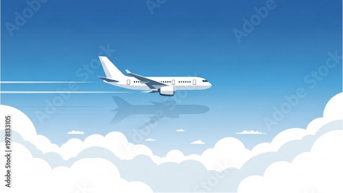 Airplane soars through vector CAD designed sky with clouds