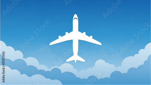 Airplane soars through vector CAD designed blue sky with clouds