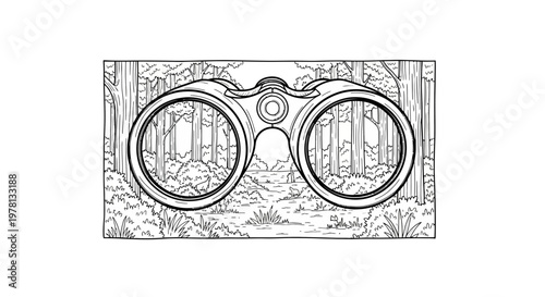 Binoculars viewing forest landscape, nature exploration, outdoor adventure, wildlife observation