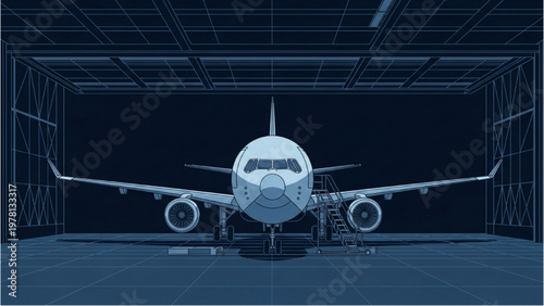 A vector CAD designed airplane sits inside a large hangar facility for maintenance.