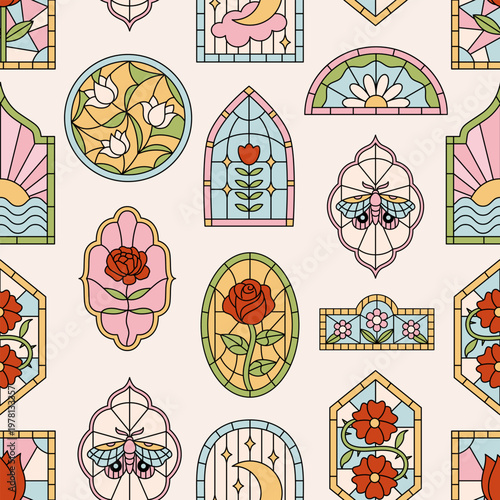 Slika na platnu Seamless vector pattern with stained-glass cathedral windows