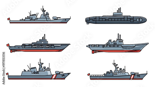 Vector CAD illustrations of various naval ships and submarines in a row