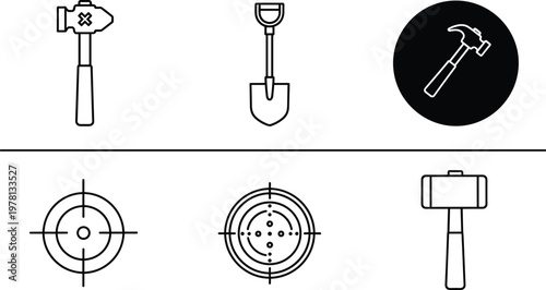 Hand tools and target icon set featuring hammer, shovel, mallet and crosshair aim symbols outline vector illustration
