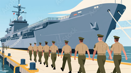 Illustration Of Soldiers Marching Out Of The Harbor On A Military Ship Vector Design Template