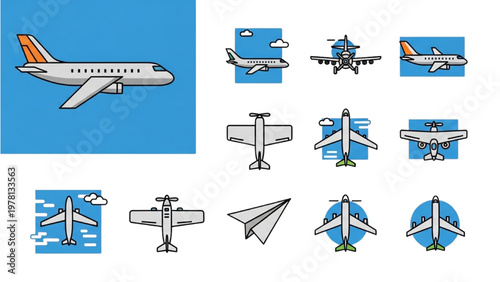 Vector CAD designs of various airplanes and aircraft models are shown