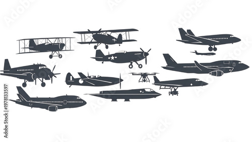 Vector CAD illustrations of various airplanes and aircrafts in flight