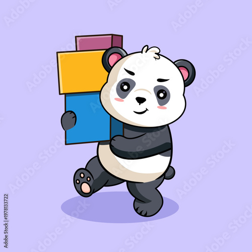 Happy Cartoon Panda with carrying Box Gift Vector Illustration Kawaii Animal