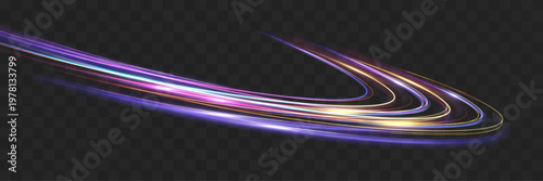 Vibrant multicolor neon light trails forming smooth dynamic curves with glowing motion blur, isolated on transparent background, perfect for futuristic overlays and energetic digital design.
