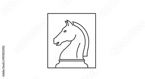 Black and White Chess Knight Icon Inside Square Frame, Minimalist Graphic Design
