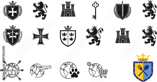 Heraldic crest and medieval symbol vector set featuring lion emblems, shields, castle icons, royal crown badge and decorative coat of arms