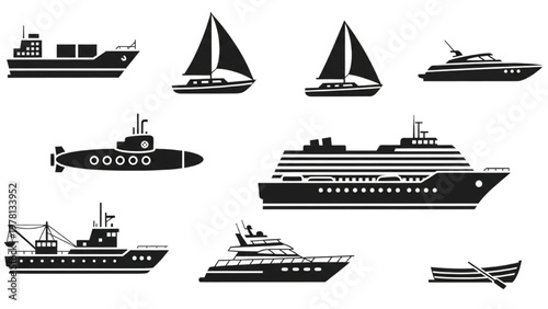 Various vector CAD boats and ships sail on the water