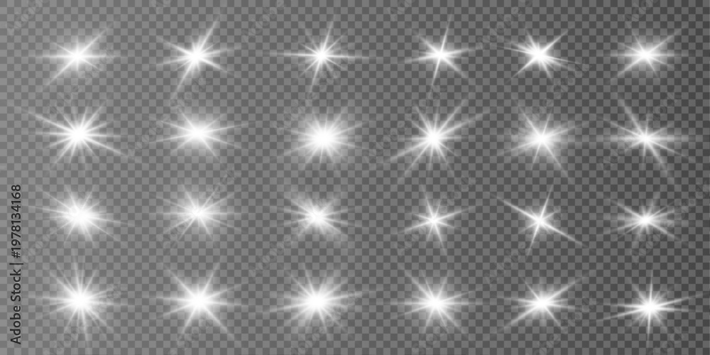 Obraz premium White set star glow radiates soft lens flare beams. Spark particles shimmer gently around bright center core. Ideal for elegant design use.