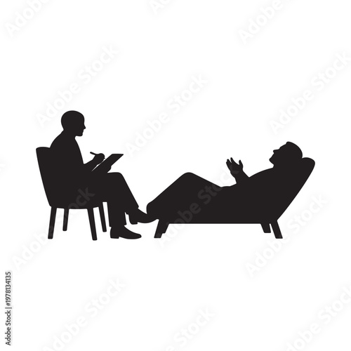 Silhouette of a therapist sitting and taking notes while a patient lies on a couch talking