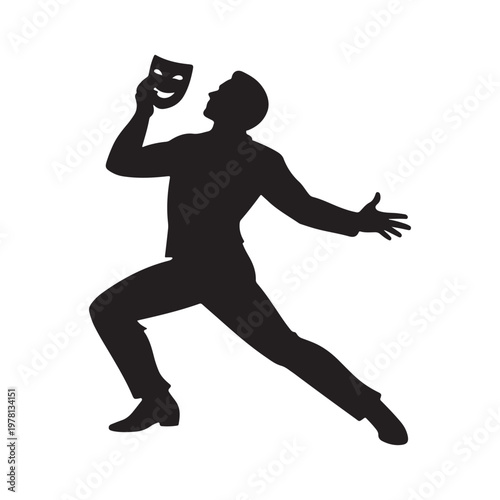 Black silhouette of a male actor in a dramatic stage pose holding a smiling theatrical mask.