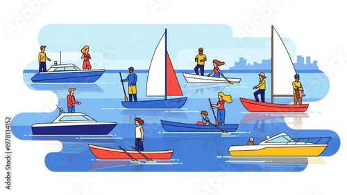 People sailing vector CAD boats on a sunny day at the harbor