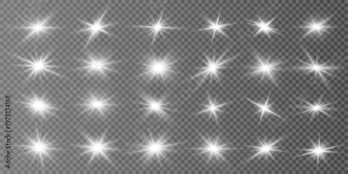 White set star glow radiates soft lens flare beams. Spark particles shimmer gently around bright center core. Ideal for elegant design use.