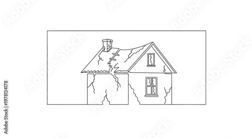 Cracked House Outline: Dilapidated Building, Structural Damage, Abandoned Home