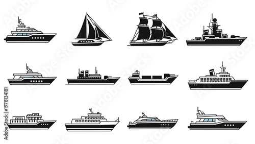 Vector CAD designs of various ships and boats on water