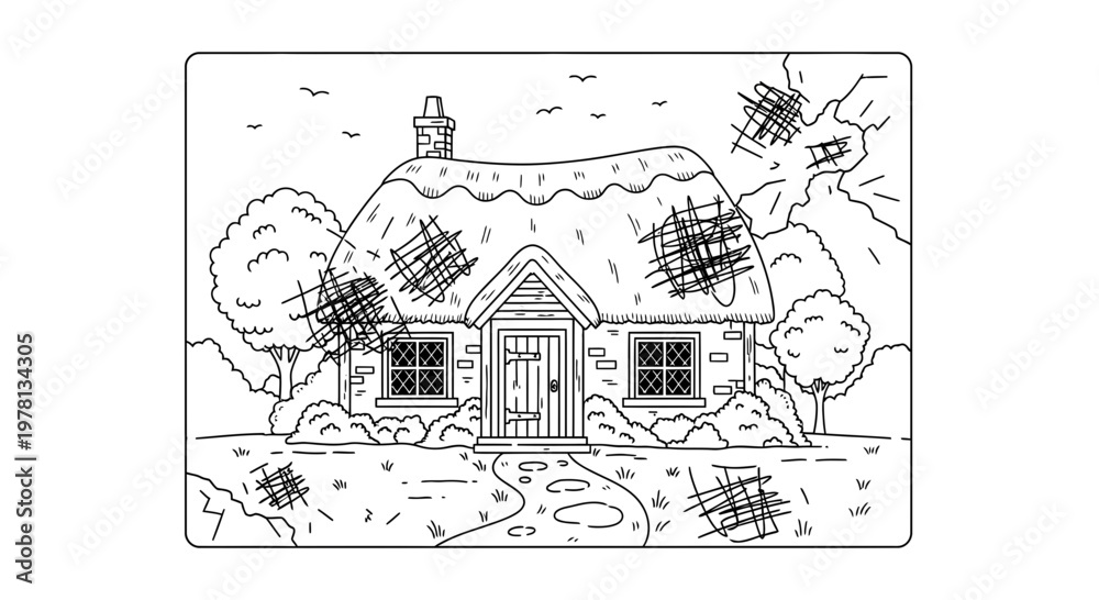 Obraz premium Charming Thatched Cottage with Garden Path and Trees - Black and White Outline