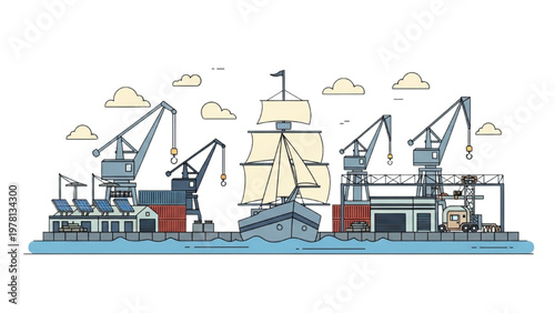 A vector CAD illustration of a shipyard with cranes and a sailing ship
