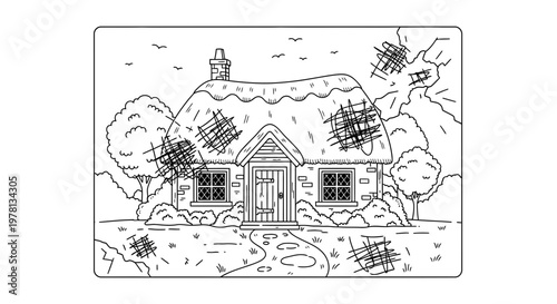 Charming Thatched Cottage with Garden Path and Trees - Black and White Outline