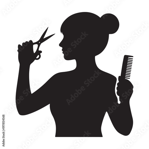 Silhouette of a professional female hairdresser holding scissors and a comb for hair styling