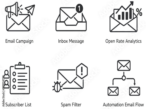 Print  Flat Minimal Email Marketing and Newsletter Icon Set – Email Campaign, Inbox Message, Open Rate Analytics, Subscriber List, Spam Filter, Automation Flow, Clean White Background Vector Icons for