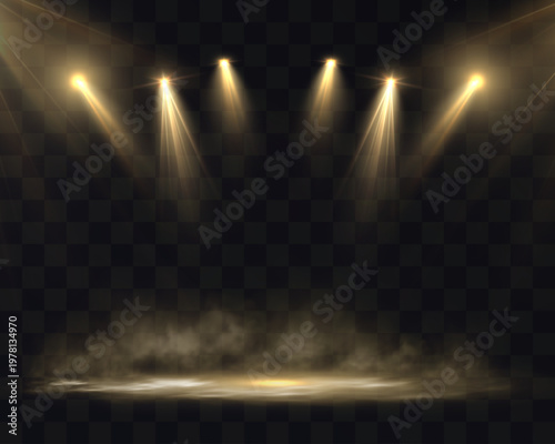 Warm golden stage spotlights shining downward with soft volumetric beams and smoky floor glow, isolated on transparent background, perfect for theater, concert, and dramatic lighting overlays.
