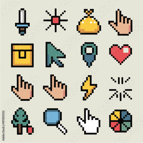 Pixel Art RPG Game Icons and Cursor Set for Retro Gaming
