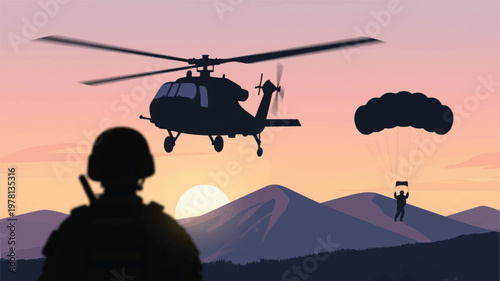 Silhouette Illustration Of A Military Mission With Helicopters And Paratroopers At Sunset Vector Design Template