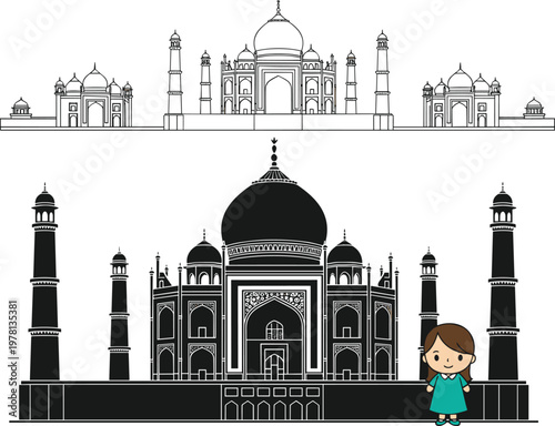 Taj Mahal monument illustration set featuring detailed line art architecture, silhouette landmark and cute cartoon girl character vector
