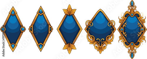 Ornate blue gemstone frames vector set featuring decorative golden jewel shapes, vintage ornamental badges and luxury gem design elements