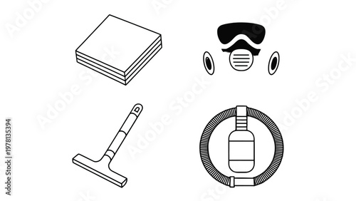 Essential Safety Gear: A clear display of safety equipment: safety glasses, respirator, cleaning solution and cleaning pad, essential for a safe working environment.