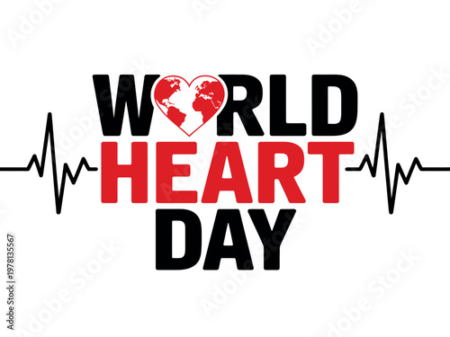 A logo for World Heart Day with a red heart and black text on a white background