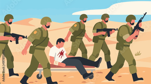 Illustration Of Soldiers Evacuating Wounded Civilians On Stretchers In The Desert Vector Design Template