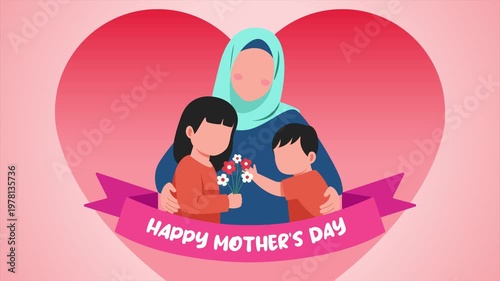 Mother And Children Celebrating Mothers Day. Mother Day concept. Full length animation illustration. High quality 4k footage