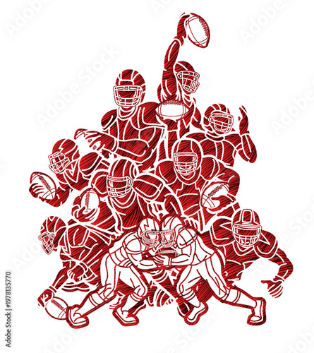 Silhouette American Football Sport Players Mix Action Cartoon Graphic Vector