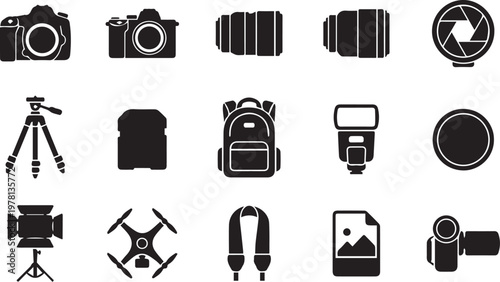 Professional photography equipment icons set for World Photography Day in August