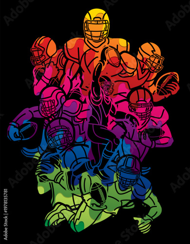 Group of American Football Sport Players Mix Action Cartoon Graphic Vector