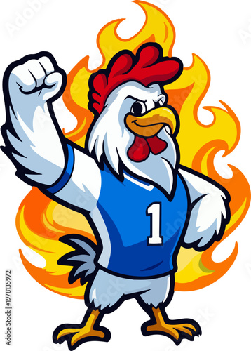 Fiery Rooster: A dynamic illustration depicts a fierce rooster mascot, radiating energy with its comb aflame and a determined gaze, ready to take on the world. 