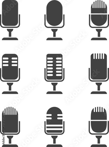 Set of nine minimalist flat vector microphone icons for podcasting radio studio recording and music design