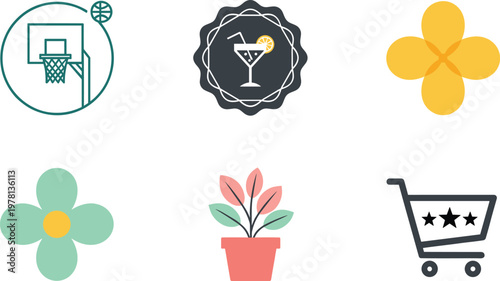 Flat lifestyle icon set featuring basketball hoop, cocktail drink badge, floral symbols, potted plant and shopping cart vector illustration