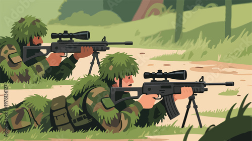 Illustration Of A Tactical Military Operation With Two Snipers Hiding In The Grass Vector Design Template